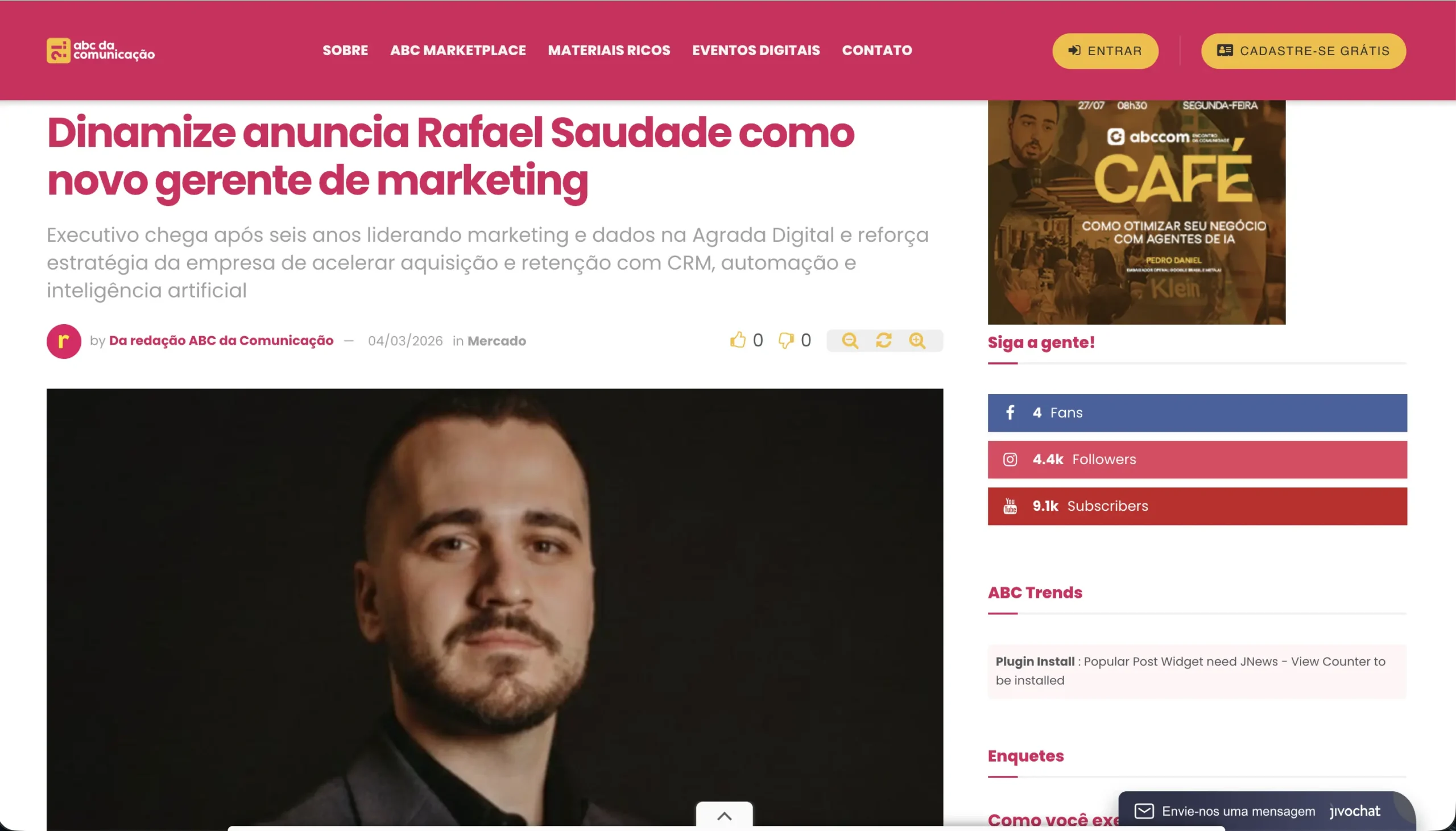Matéria da ABC da Comunicação sobre Rafa Saudade na Dinamize
