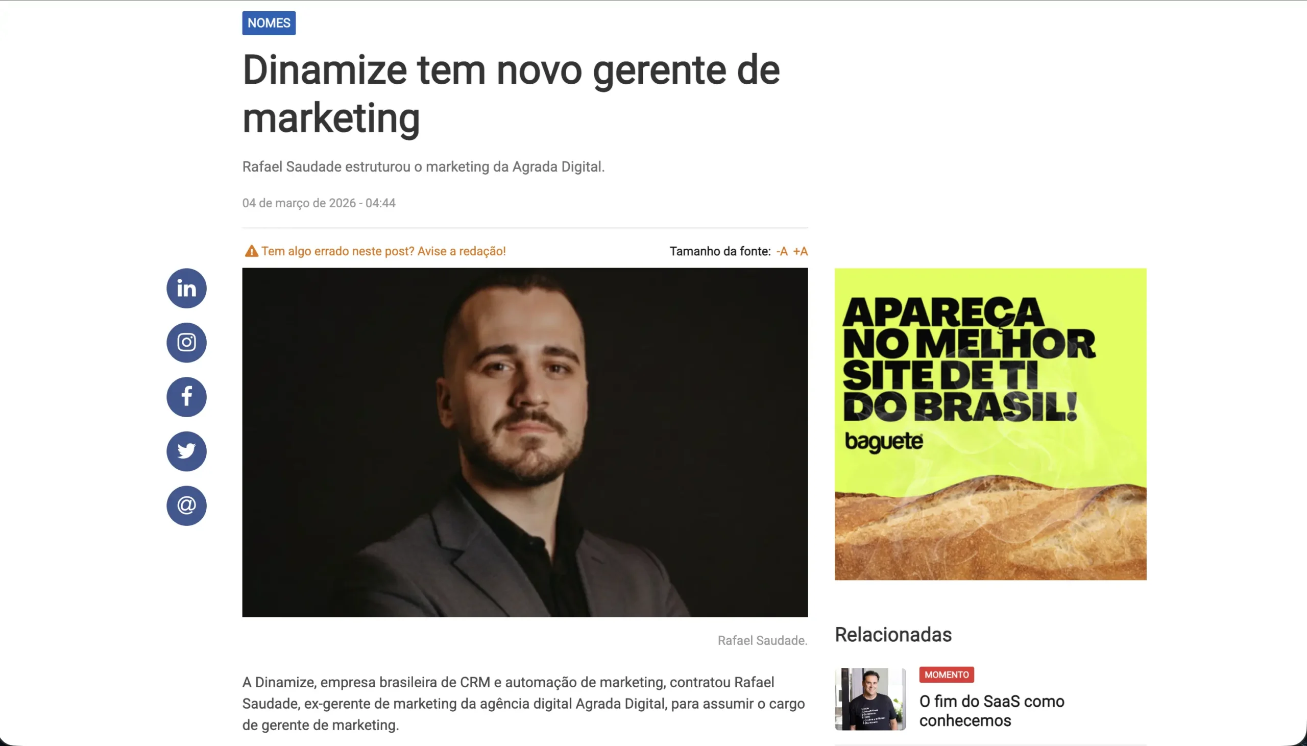 Matéria do Baguete sobre o novo gerente de marketing da Dinamize