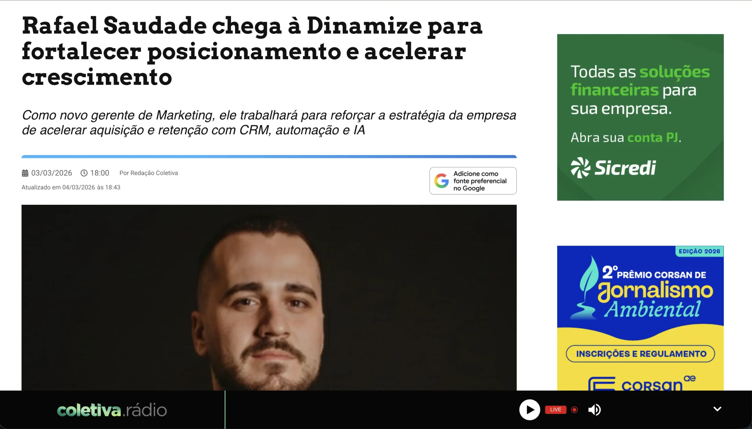 Matéria da Coletiva.net sobre a chegada de Rafa Saudade à Dinamize